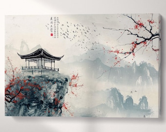 Solitary Pavilion Chinese Mountain PETA Approved Faux Leather Wall Art