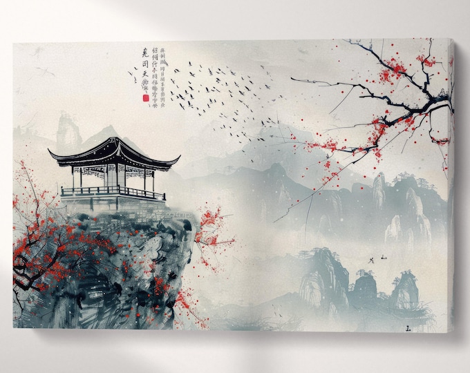 Solitary Pavilion Chinese Mountain Sanctuary Canvas Wall Art Eco Leather Print, Made in Italy!