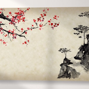 Sakura Mountain Sumi-e Style Landscape Wall Art Framed Canvas Eco Leather Print Wall 3D