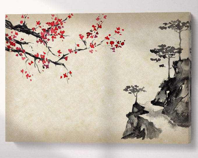 Sakura Mountain Sumi-e Style Landscape Wall Art Framed Canvas Eco Leather Print, Made in Italy!