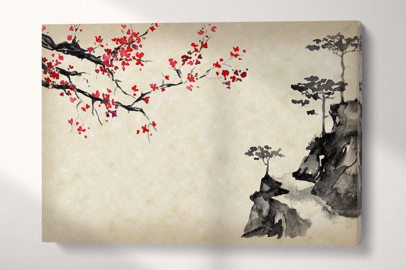 Sakura Mountain Sumi-e Style Landscape Wall Art Framed Canvas Eco Leather Print Wall 3D