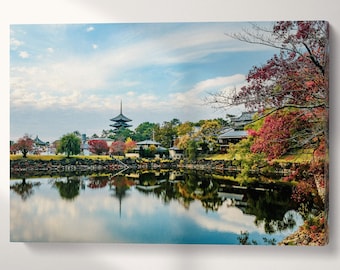 Japan Temple Nara Reflection Wall Art Vegan Leather Print, Ready to Hang