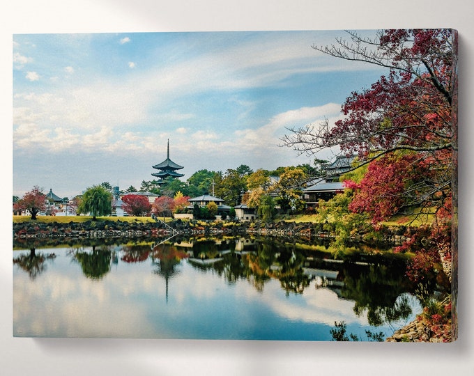 Japan Temple Nara Reflection Canvas Wall Art Eco Leather Print, Made in Italy!