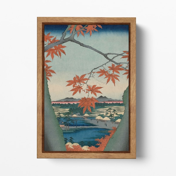 Maple Trees at Mama, Tekona Shrine and Linked Bridge Utagawa Hiroshige Canvas Wall Art Eco Leather Print, Made in Italy!