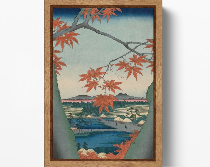 Maple Trees at Mama, Tekona Shrine and Linked Bridge Utagawa Hiroshige Canvas Wall Art Eco Leather Print, Made in Italy!
