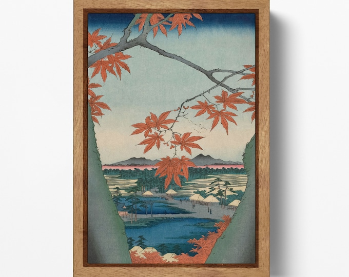 Maple Trees at Mama, Tekona Shrine and Linked Bridge Utagawa Hiroshige Canvas Wall Art Eco Leather Print, Made in Italy!