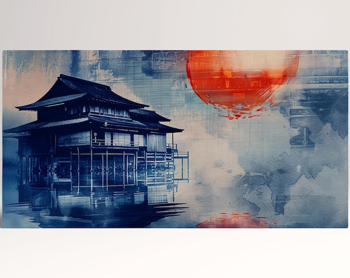 Echoes of the Rising Sun A Tranquil Reflection Anime Wall Art Home Decor Framed Canvas Print, Made in Italy!