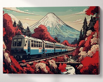 Japan Train & Fuji Vegan Leather Canvas Art - Made in Italy