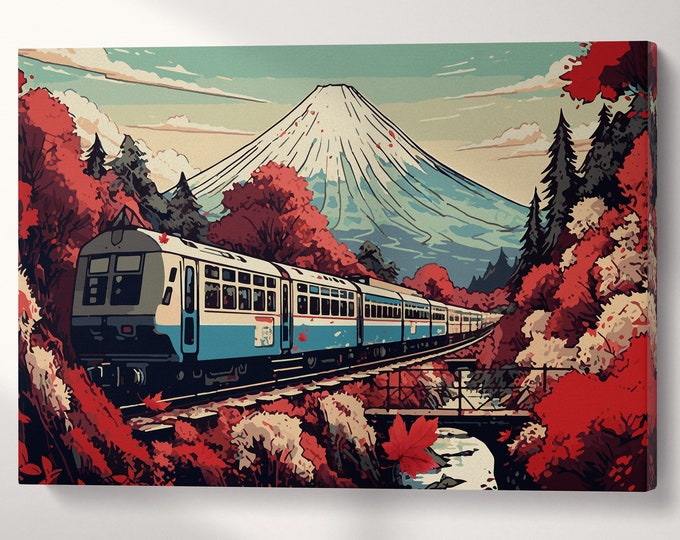 Japan Train and Fuji Manga Canvas Wall Art Home Decor Leather Print, Made in Italy!