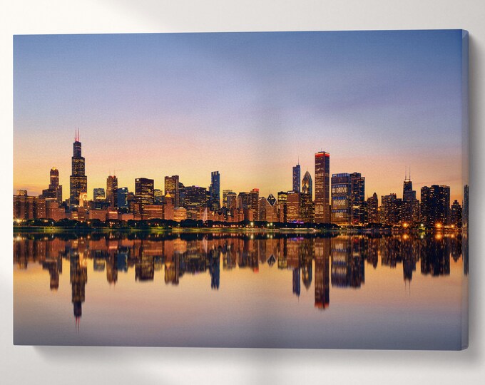 Chicago Skyline at Dusk Canvas Eco Leather Print, Made in Italy!