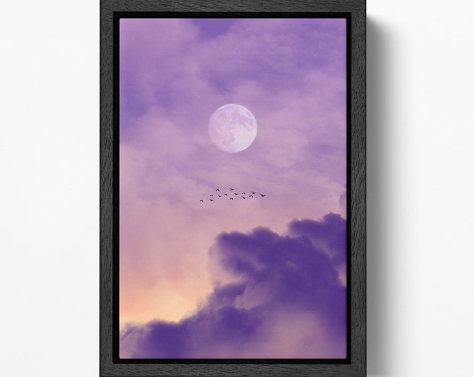 Full Moon In Cloudy Pink Sky Canvas Eco Leather Print, Made in Italy!