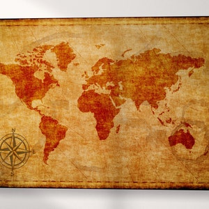 Mapa del Viejo Mundo con brújula, arte de pared, decoración del hogar, lienzo con impresión de cuero ecológico, ¡hecho en Italia!