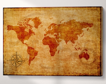 Old World Map Compass Print: Vegan Leather Canvas Wall Art