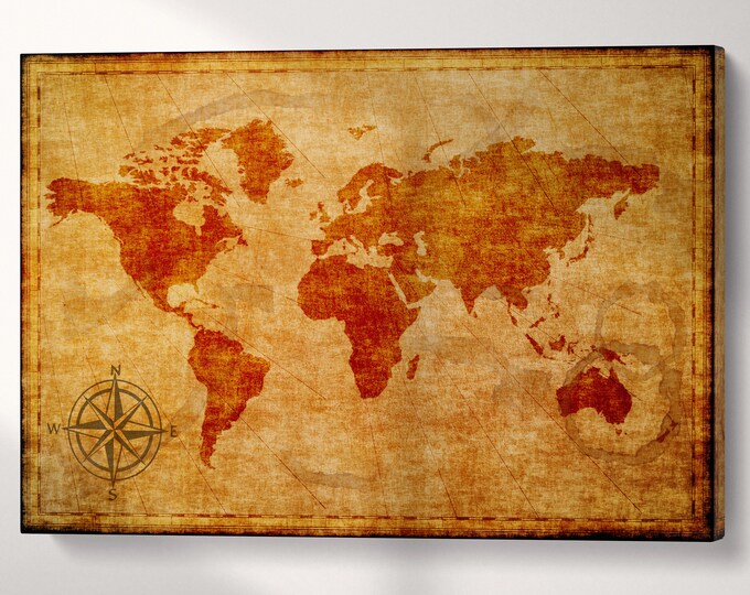 Old World Map with Compass Wall Art Home Decor Canvas Eco Leather Print, Made in Italy!