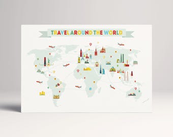 Colorful Animal World Map Kids Room PETA Approved Eco Single Triptych Wall Art