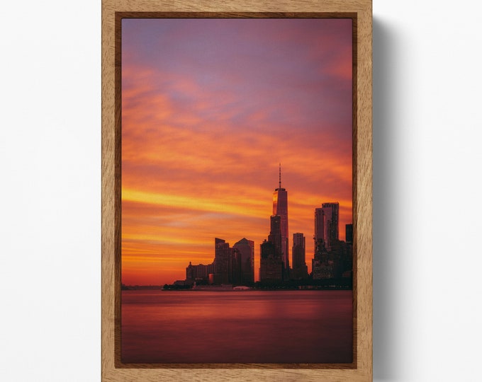 New York One World Trade Center Manhattan Dramatic Red Sky Sunset Framed Canvas Eco Leather Print, Made in Italy!