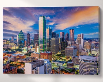 Dallas Texas Skyline Dawn PETA Approved Eco Leather Canvas Triptych or Single Art