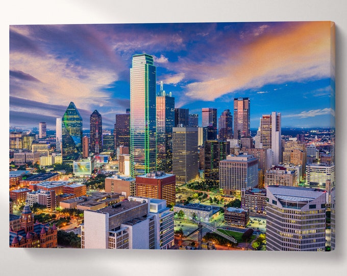 Dallas, Texas, Skyline at Dawn Wall Art Canvas Leather Print, Made in Italy!