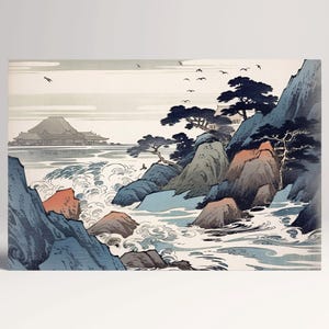 Sussurri del Mare: Arte Giapponese Ukiyo-e Decorazione da Parete Stampa Tessuto Ecopelle, Made in Italy!