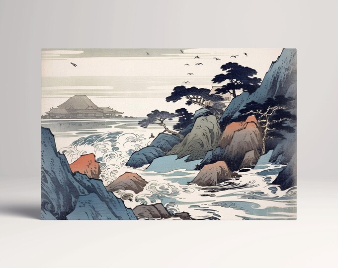 Whispers of the Sea: Ukiyo-e Inspired Japanese Art Canvas Wall Decor Eco Leather Print, Made in Italy!