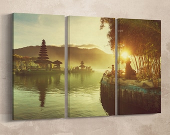 3 Panel Pura Ulun Danu Bratan Temple, Bali, Indonesia Leather Print/Bali Print/Bali Temple/Large Wall Art/Made in Italy/Better than Canvas!