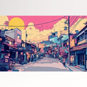 Tramonto Giapponese in Stile Anime Arte Digitale Vaporwave Cyberpunk Canvas Stampa su Tessuto Ecopelle Made in Italy