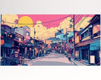 Cyberpunk Japanese Cityscape Canvas Print: Anime Street Sunset Wall Art