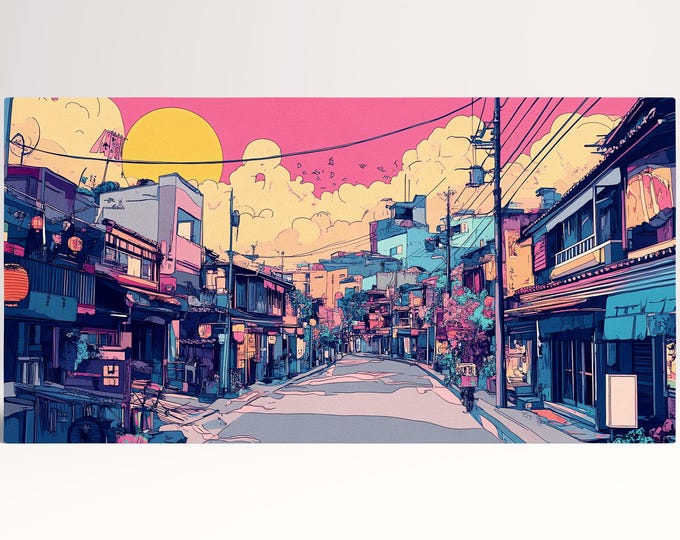 Anime Street Sunset Colorful Cyberpunk Japanese Cityscape Wall Art Home Decor Framed Canvas Print, Made in Italy!