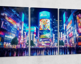Tokyo Night Lights Vegan Leather Canvas Print - Anime Cityscape Wall Art
