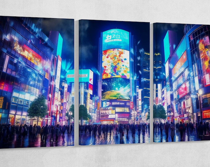 Tokyo Lights At Night Anime Landscape Wall Art Home Decor Framed Canvas Print, Made in Italy!