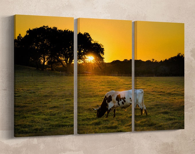 Texas Longhorn Cow at Sunset Canvas Eco Leather Print, Made in Italy!
