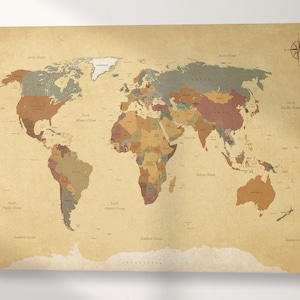 Vintage Weltkarte Leder Druck/Große Landkarte/Große Landkarte/Große Wand Kunst/Push Pin Pin Landkarte/Große Landkarte/Besser als Leinwand!