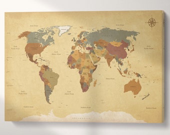 Vintage World Map: Push Pin Travel Planner on Vegan Leather