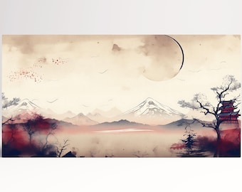 Silent Moon Japanese Landscape PETA Approved Eco Leather Canvas Triptych or Single Art