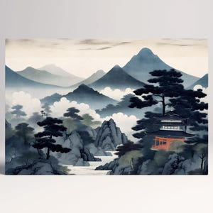 Montagne Giapponese Ukiyo-e Nella Nebbia Decorazione da Parete Stampa Tessuto Ecopelle, Made in Italy!