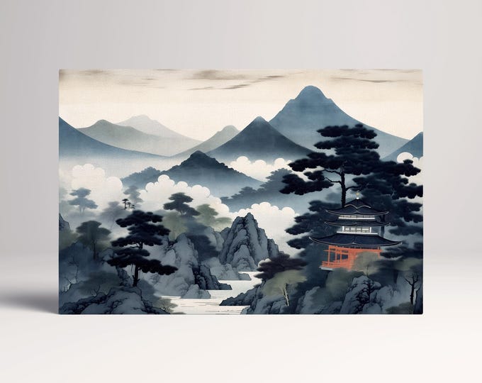 Mystic Ukiyo-e Japan Mountains Canvas Home Art Wall Decor Eco Leather Print, Made in Italy!