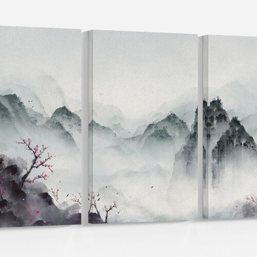 Japanese Mountain Landscape Wall Art Framed Canvas Print Etsy