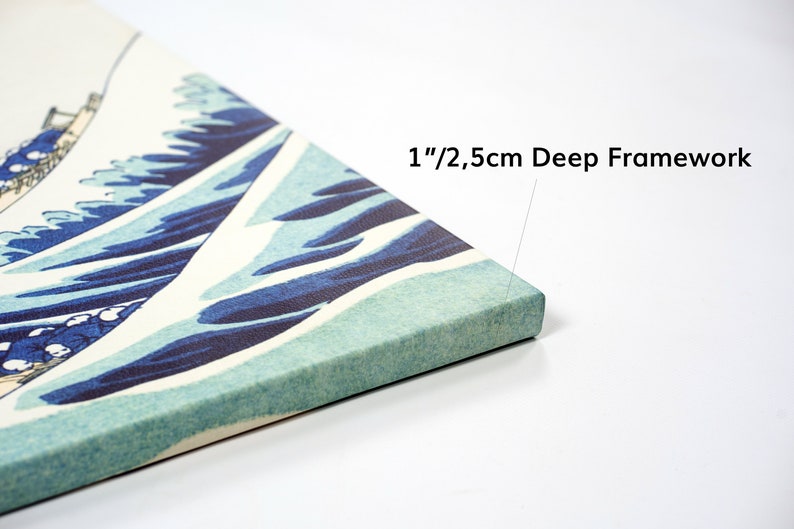 May include: Close-up of the edge of a canvas print with a blue and white wave design. The canvas is stretched over a 1 inch (2.5 cm) deep frame.