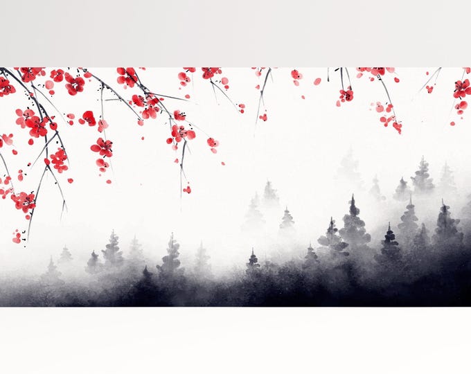 Japanese Black Forest Red Sakura Landscape Wall Art Framed Eco Leather Canvas Print, Made in Italy!