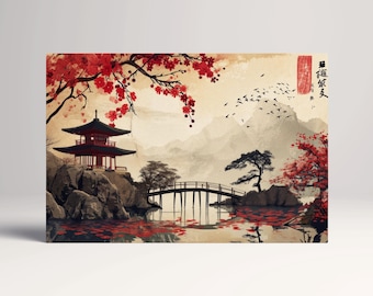 Japanese Zen Garden Canvas Art: Red Pagoda, Cherry Blossoms, Vegan Leather Print