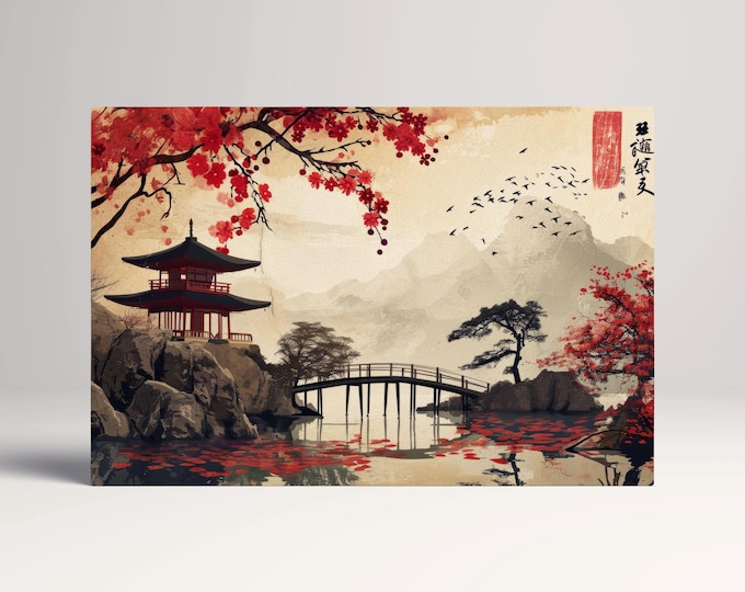 Japanese Zen Lake with Red Pagoda and Cherry Blossoms Canvas Wall Art Eco Leather Print, Made in Italy!