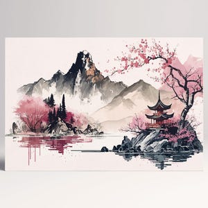 Oeuvre d'art minimaliste rose japonaise sur toile encadrée, impression en cuir écologique, fabriquée en Italie !