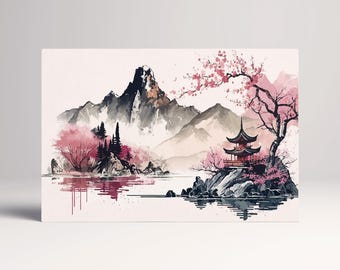 Minimalistic Pink Japan Artwork Wall Art Framed Canvas Eco Leather Print, Made in Italy!
