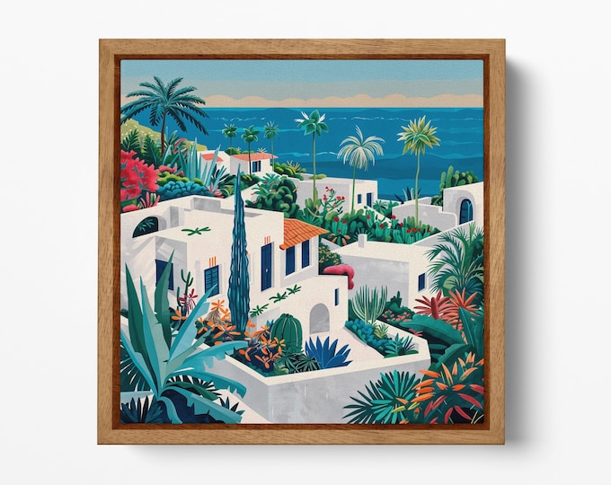 Mediterranean Greek Island Coastal Village Canvas Wall Art Eco Leather Print, Made in Italy!