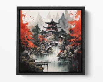 Spirit of Japanese Mountains PETA Approved Eco Leather Canvas Square Floating Frame Art