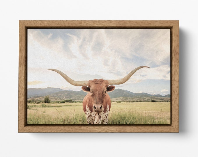 Texas Longhorn Steer Premium Frame Canvas Eco Leather Print, Made in Italy!