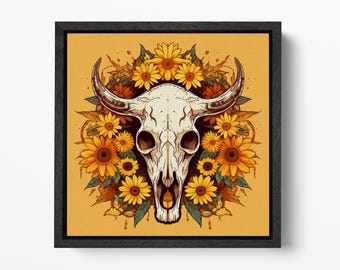 Rustic Skull with Sunflowers Wall Art Vegan Leather Canvas Print Cowboy Gift