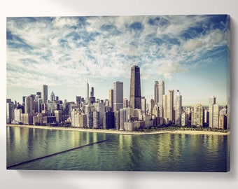 Chicago Skyline Vintage Aerial PETA Approved Faux Leather Wall Art