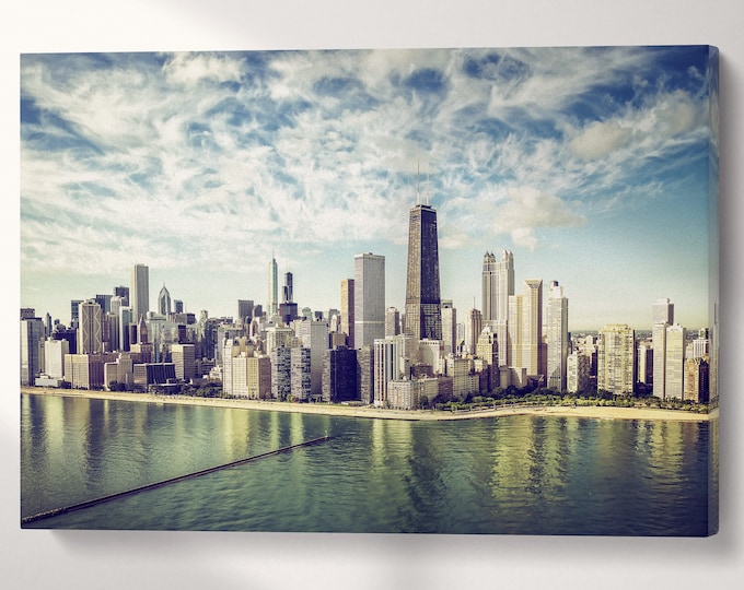 Chicago Skyline aerial view by the beach, vintage colors canvas eco leather print, Made in Italy!