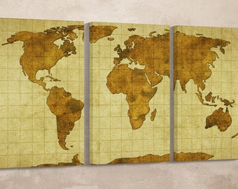 Vintage World Map PETA Approved Eco Leather Canvas Triptych or Single Wall Art